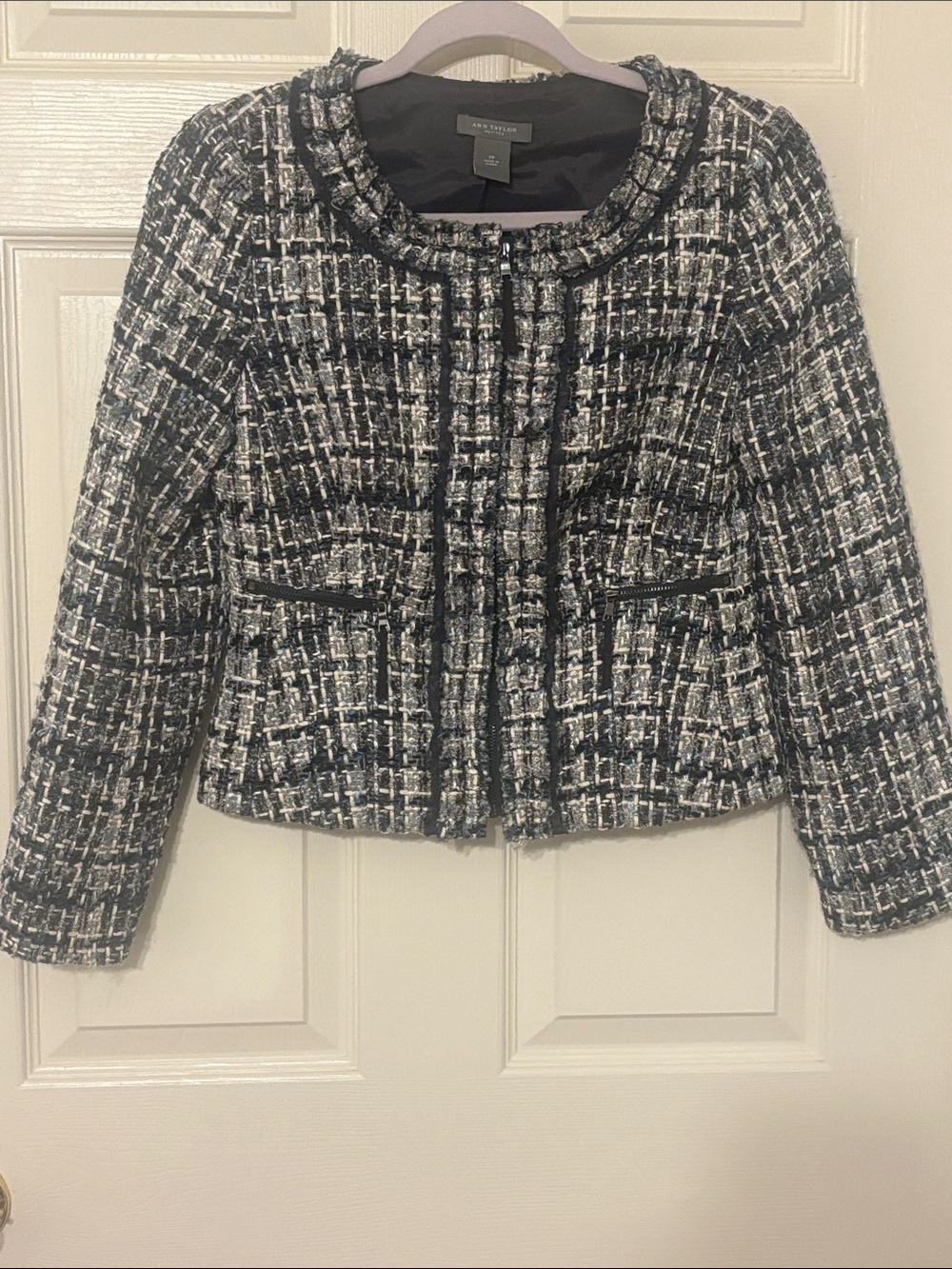 Ann Taylor Black Blue and White Tweed Wool Blend Fringe-Trim Blazer